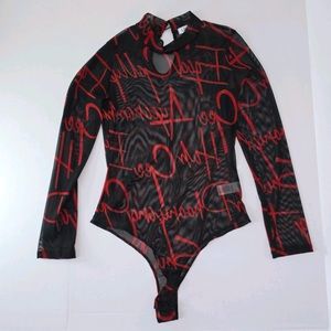 Red & Black sheer bodysuit .